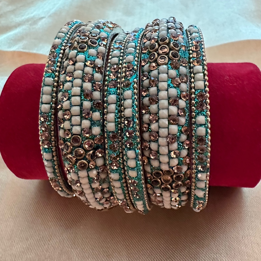 Elegant Turquoise and White Beaded Bangles